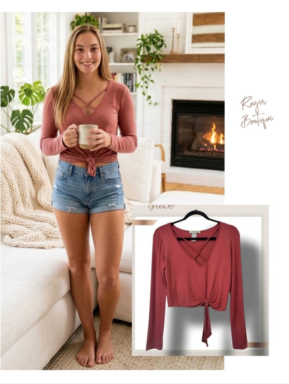 🌿Gaze Women's Small Deep Dusty Rose Crop Top with Crisscross Bodice